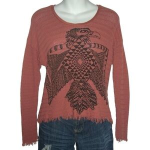Lauren Moshi Shirt Thermal Orange Eagle Boho Southwestern Fringe Western Cowgirl